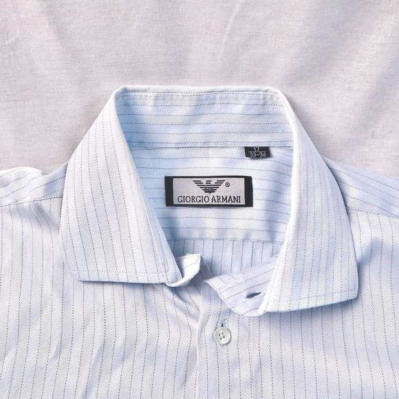 Giorgio Armani Mens Dress Shirt Blue Pinstripe Size 17 33-34 Luxury Button Down - Picture 2 of 9